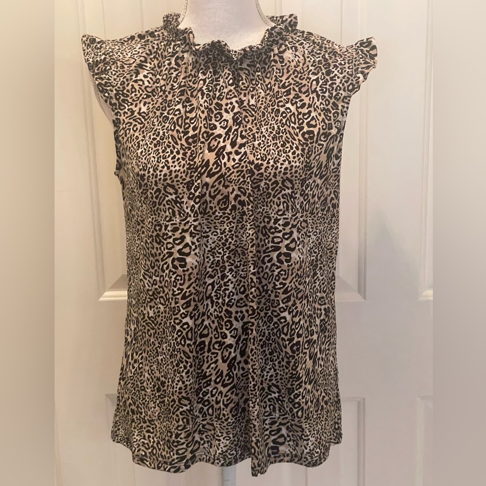 Adrianna Papell Blouse Top Animal Pattern Ruffle Trim Cap Sleeve & Neck Medium